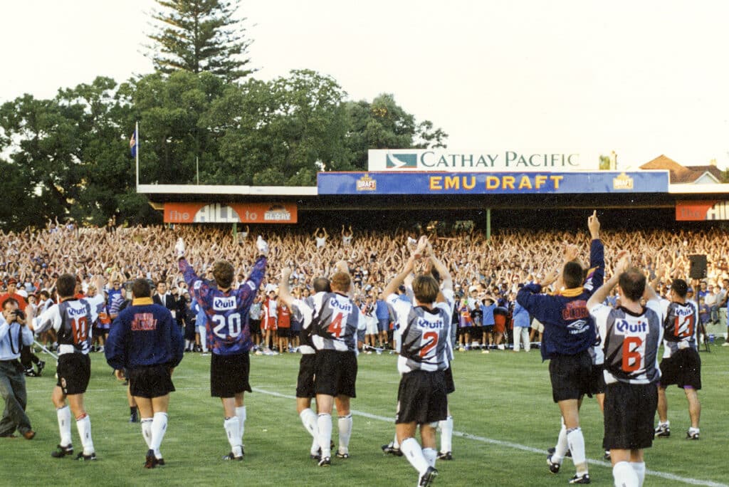 Perth Glory players thank their supporters in the Hill